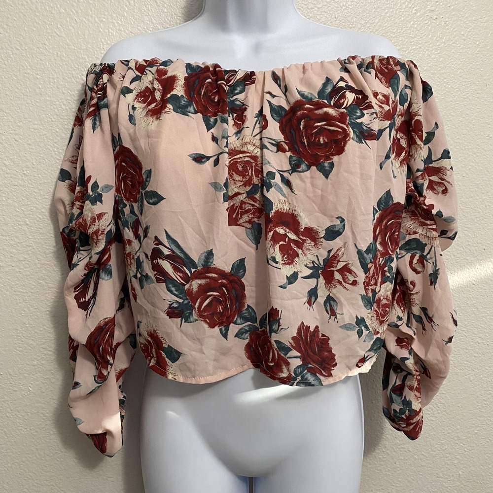 Women's Pink Floral Rose Off The Shoulder Top M Coquette Romantic Fairy Feminine
